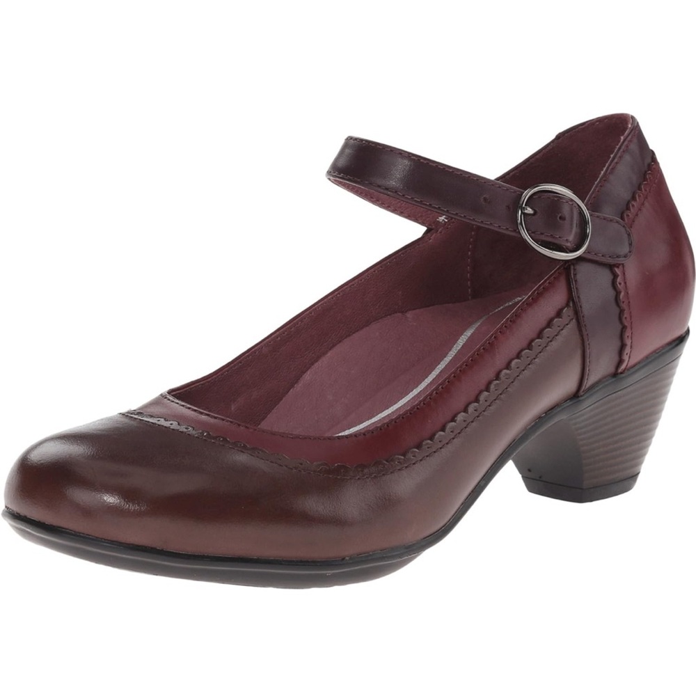 Dansko Fabrina Dress Heel Brown and Burgundy Leather Kitty Heel